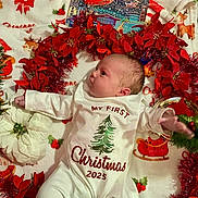 Cheyenne is registered to the contest to win money with this photo: baby, newborn, onesie, christmas, holiday, poinsettia, red_flowers, blanket, festive, decoration, book, santa, infant, lying_down, celebration, winter, cute, holiday_season, christmas_tree, toddler