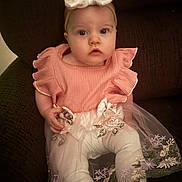 Cheyenne joined the competition — help win amazing prizes! baby, child, headband, bow, pink_top, ruffle_sleeves, white_leggings, floral_embroidery, sitting, cushioned_chair, indoor, cute, portrait, infant, clothing, fabric, soft_lighting, face, person, expression