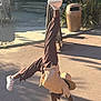 child, handstand, hat, outdoor, sunlight, shadow, street, pants, sneakers, playful, people, bench, wooden_cart, trash_can, plant, sidewalk, fun, casual_clothing, movement, balance