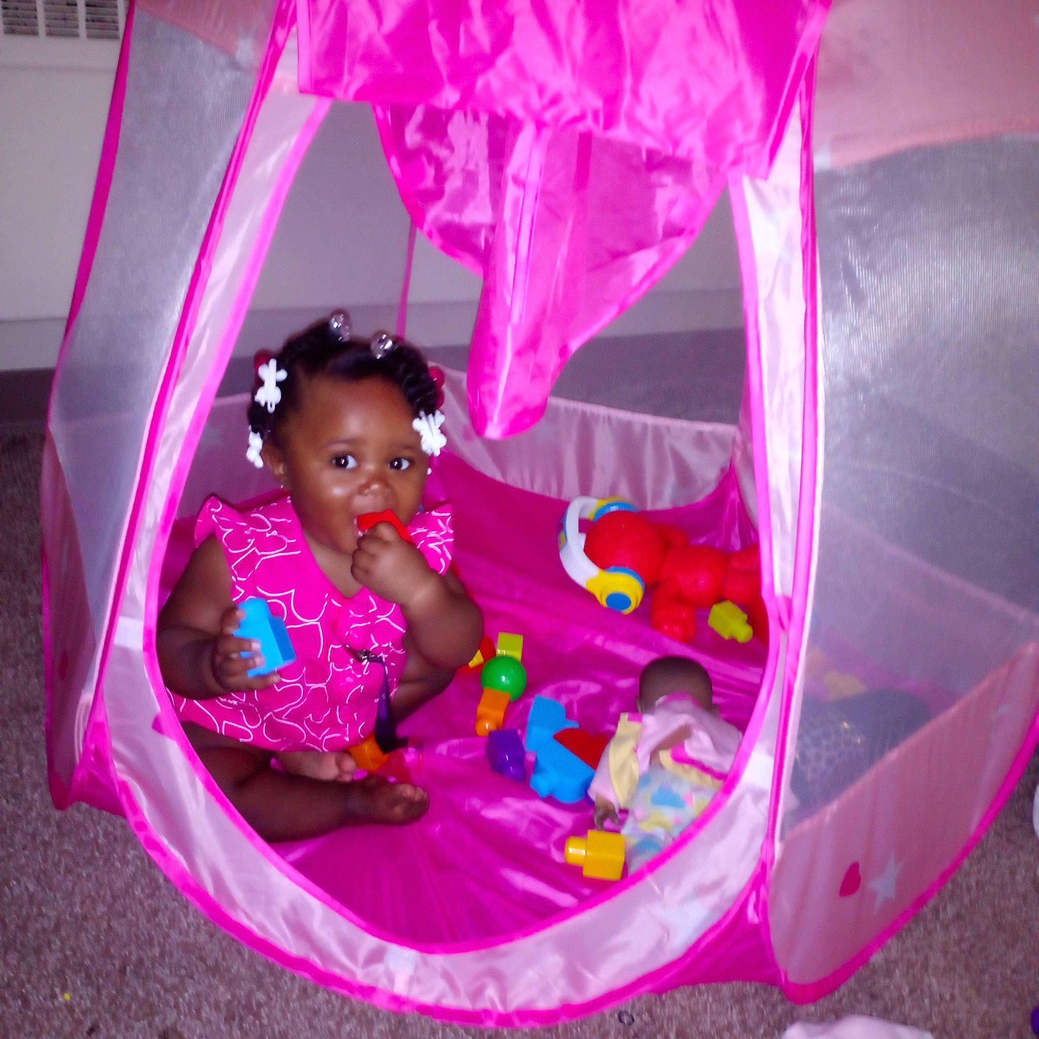 A'Laiyah joined the competition — help win amazing prizes! baby, baby_products, baby_toys, canopy_bed, child, furniture, magenta, mosquito_net, person, pink, play, playset, product, toddler, toy, violet