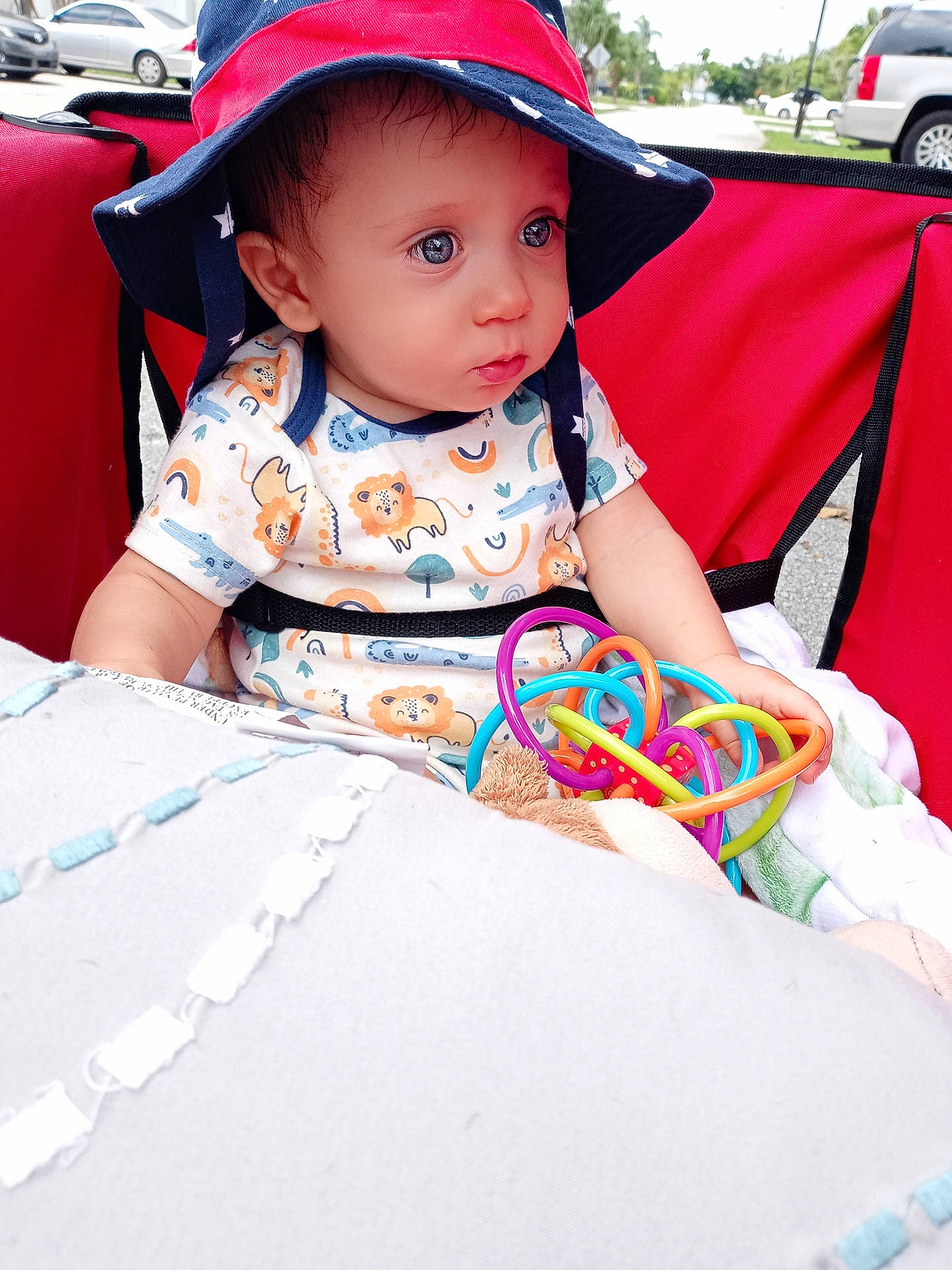 Billy is registered to the contest to win money with this photo: baby, baby_toddler_clothing, baseball_cap, cap, car, child, event, face, fashion_accessory, fun, grass, happy, leisure, person, pink, recreation, sitting, sleeve, toddler, travel