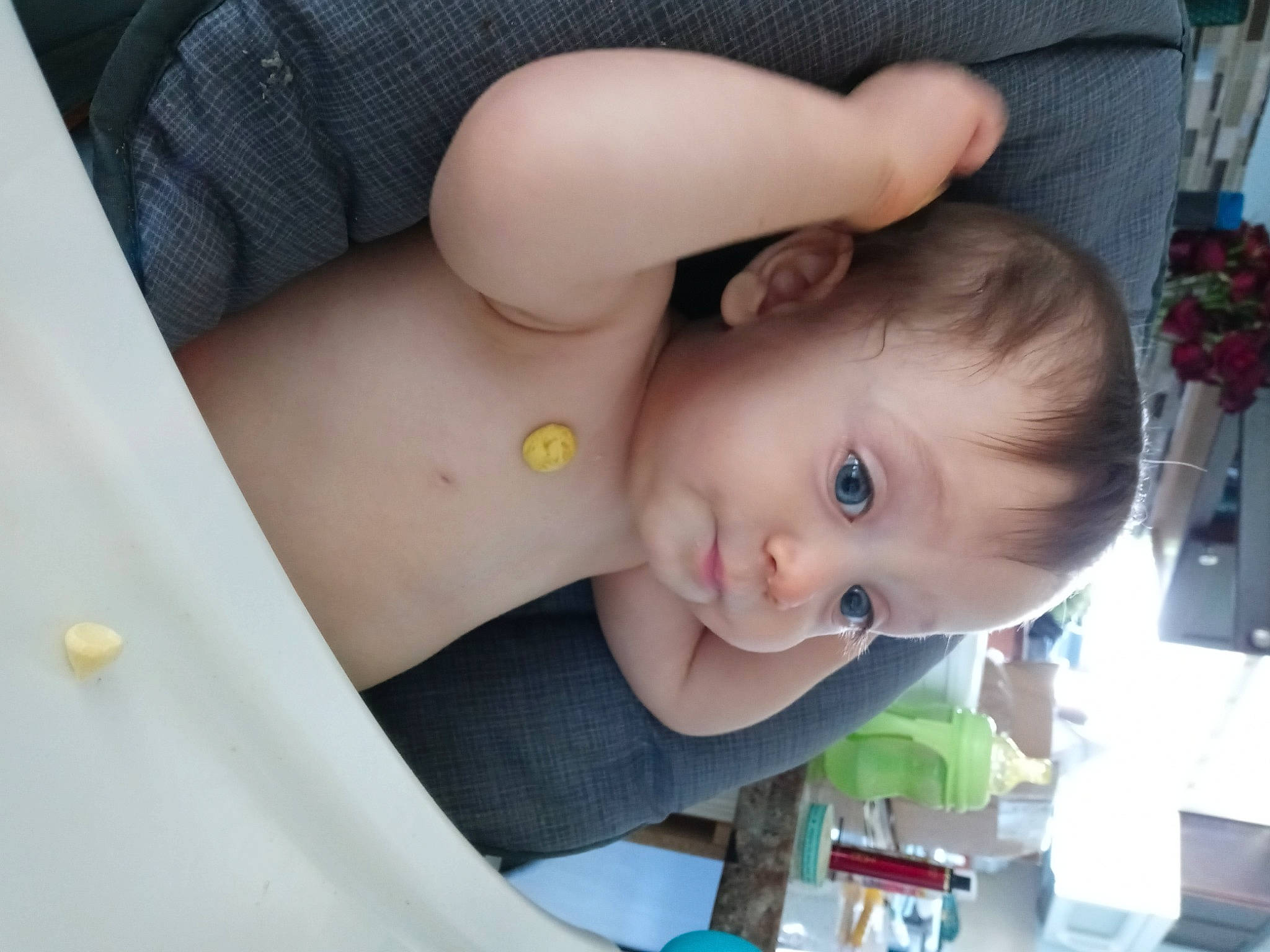 Billy is registered to the contest to win money with this photo: baby, baby_toddler_clothing, cheek, chest, child, comfort, elbow, facial_expression, finger, grass, hairstyle, happy, mouth, nose, person, plant, sitting, skin, smile, toddler