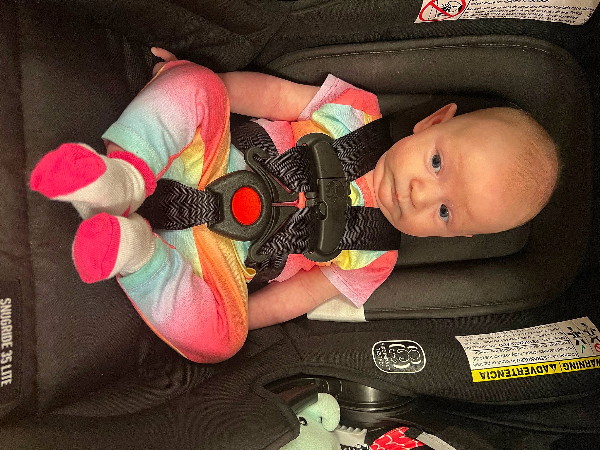 Sofia is registered to the contest to win money with this photo: arm, auto_part, automotive_design, baby, baby_carriage, baby_in_car_seat, baby_products, baby_safety, baby_toddler_clothing, car_seat, carmine, child, comfort, human_body, human_leg, lap, nail, person, steering_wheel, thigh