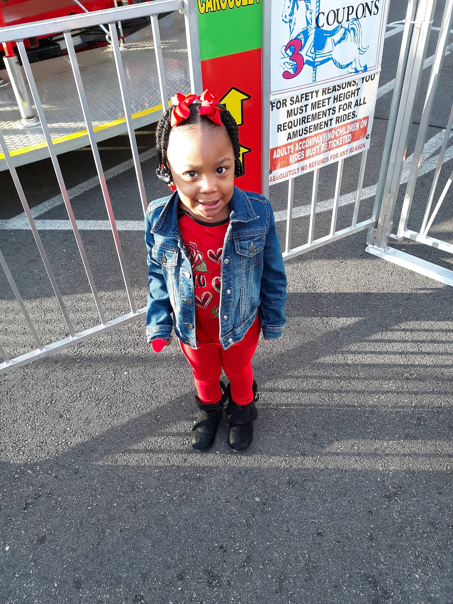 Asia joined the competition — help win amazing prizes! car, child, costume, design, fun, jacket, jeans, joy, outerwear, person, play, red, toddler, vacation