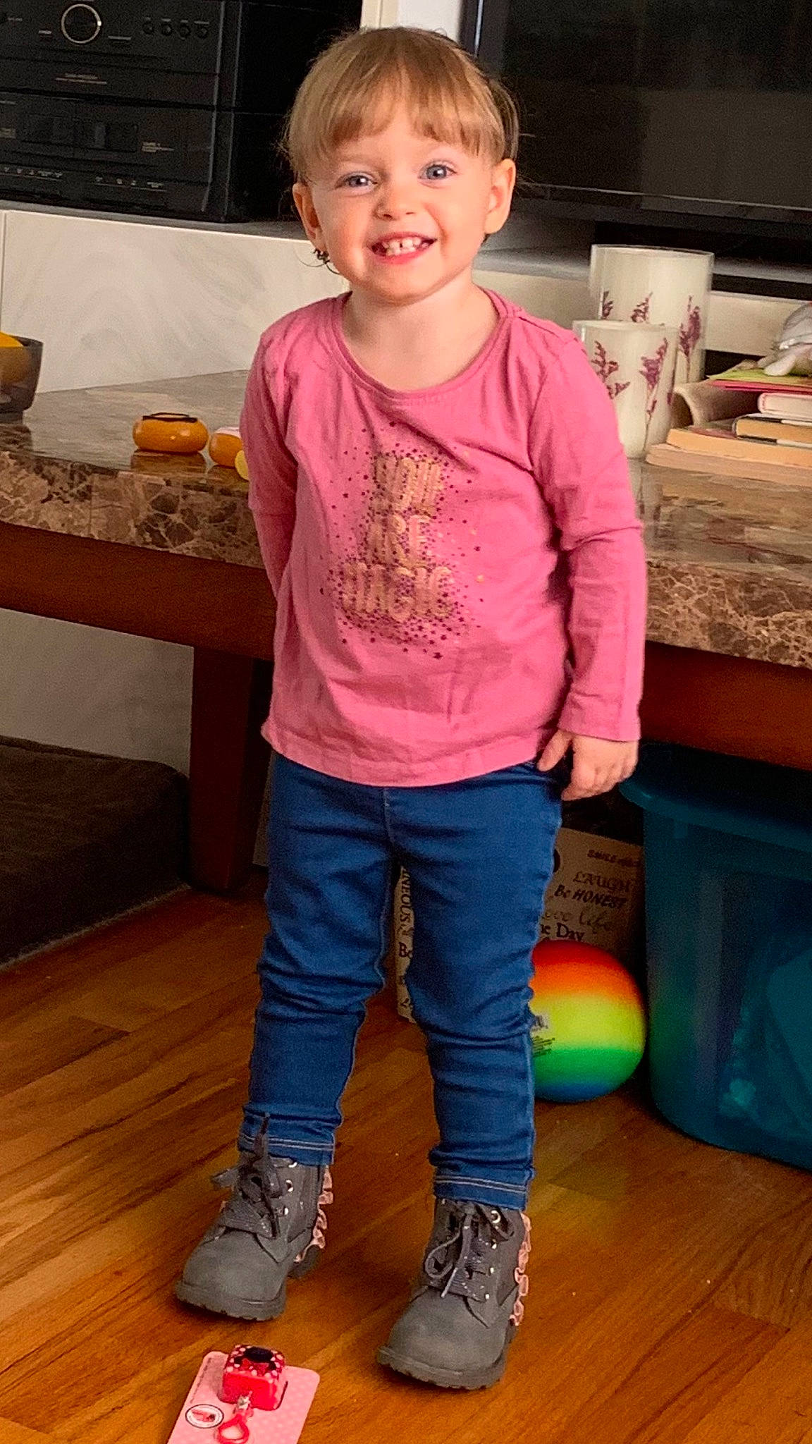 Chelsea joined the competition — help win amazing prizes! child, child_model, jeans, joy, leg, person, play, sleeve, standing, t_shirt, toddler