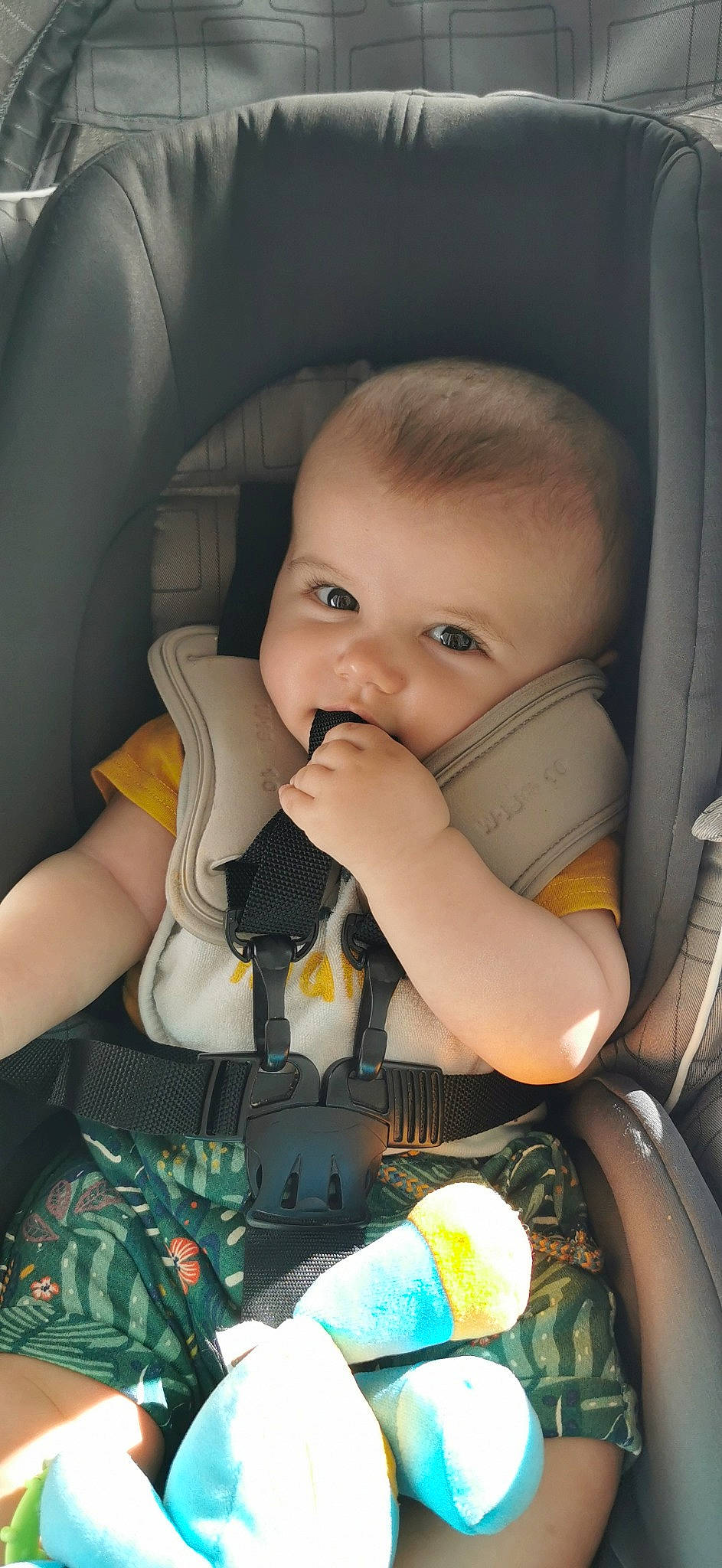 Ewen participe au concours pour gagner de l'argent avec cette photo : baby, baby_carriage, baby_in_car_seat, baby_toddler_clothing, car_seat, cheek, comfort, facial_expression, finger, hairstyle, hand, iris, mouth, nail, nose, organ, person, seat_belt, skin, toddler