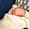 newborn, baby, sleeping, infant, face, hand, blanket, swaddled, teddy_bear, plush, couch, cushion, indoor, portrait, cozy, peaceful, resting, pink_clothing, cream_blanket, close_up