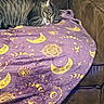 Tink is registered to the contest to win money with this photo: animal, blanket, cat, couch, cozy, ears, eyes, face, fur, indoors, lying_down, moons, pet, purple, relaxed, sleepy, stars, striped, tabby, whiskers