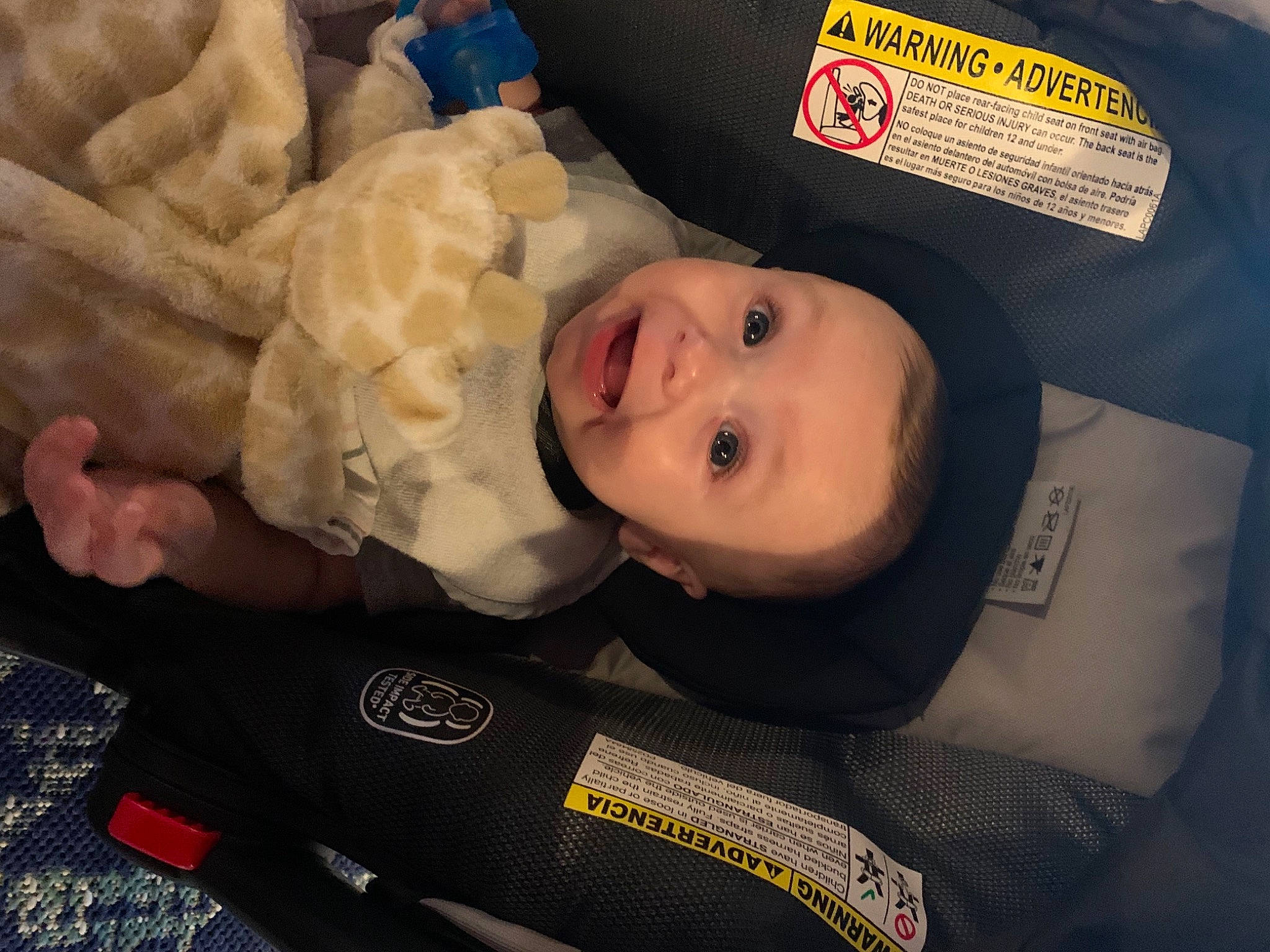 Alaric is registered to the contest to win money with this photo: baby, baby_carriage, baby_products, baby_safety, baby_toddler_clothing, car_seat, cheek, child, comfort, eye, hat, person, personal_protective_equipment, smile, toddler