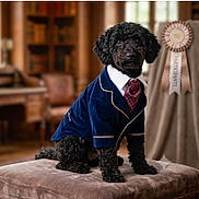 Roki joined the competition — help win amazing prizes! dog, poodle, black_dog, velvet_jacket, tie, pet_clothing, indoors, furniture, ottoman, ribbon, participation_award, portrait, pet, animal, sitting, well_dressed, curly_fur, looking_at_camera, luxury, home