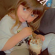 Addison joined the competition — help win amazing prizes! baked_goods, bangs, blond, brown_hair, cup, dairy, dessert, drinking, eating, food_craving, hime_cut, long_hair, peach, sweetness, taste