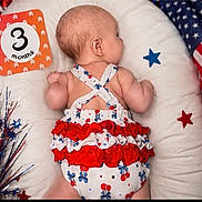 Kori joined the competition — help win amazing prizes! baby, infant, child, three_months, lying_down, portrait, milestone_photo, red_white_blue, patriotic, stars, cushion, white_blanket, dress, ruffles, hair, earring, festive, holiday, photography, indoor