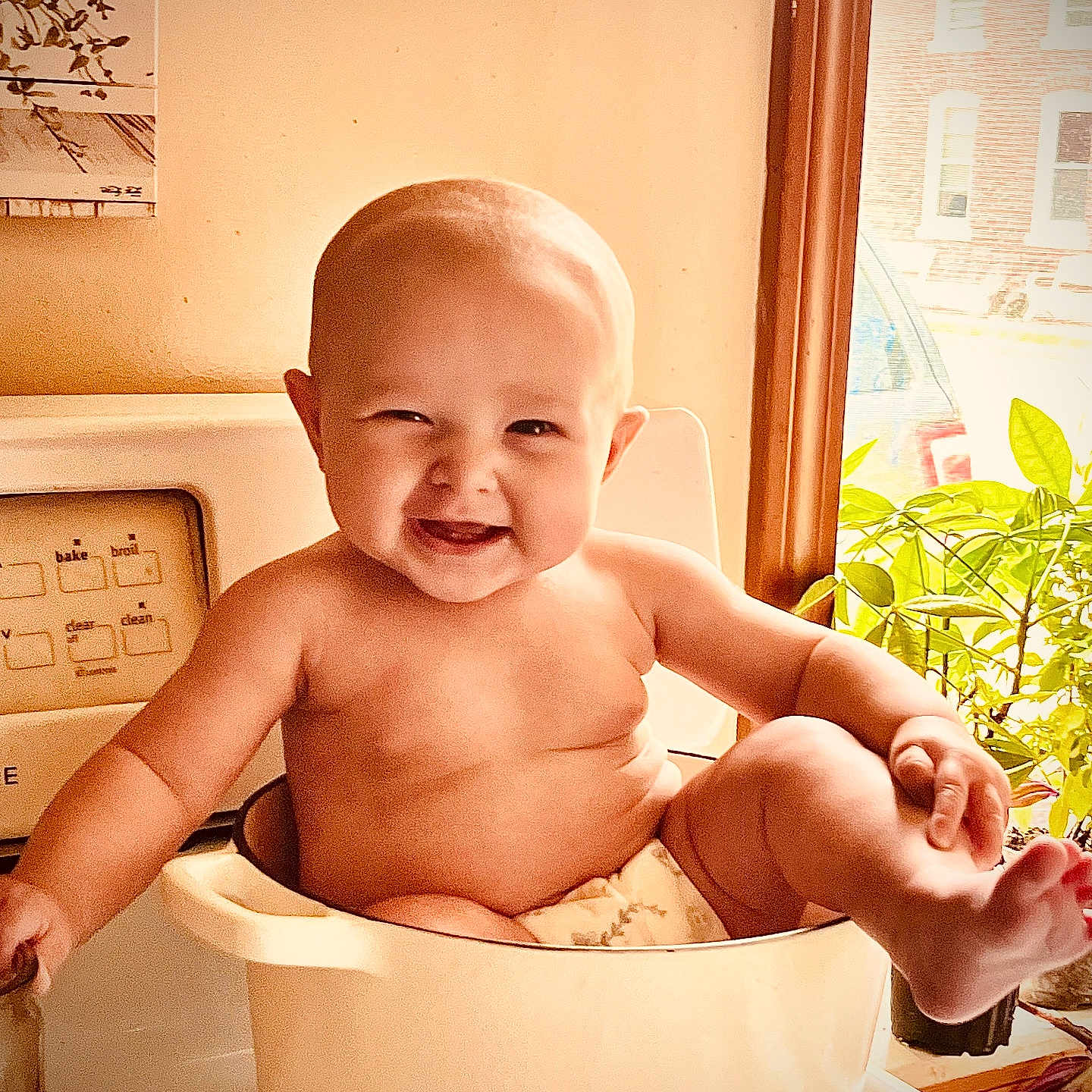 Scarlett is registered to the contest to win money with this photo: baby, babylaughing, bathing, bodypart, bowl, cutlery, face, finger, food, hand, happy, head, indoors, person, photography, plant, portrait, pottedplant, smile, spoon