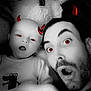 baby, man, face, people, red_eyes, devil_horns, black_and_white, selfie, plush_toy, smiling, fun, indoors, closeup, expression, cute, parent_and_child, filter, toy, portrait, lying_down