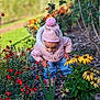Luna a rejoint le concours — aidez-le/la à gagner de superbes lots ! toddler, child, pink_jacket, beanie, minnie_mouse, flowers, garden, red_flowers, yellow_flowers, greenery, outdoor, nature, curious, plants, jeans, shoes, pacifier, daylight, young_child, fall_clothing