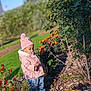 Luna participe au concours pour gagner de l'argent avec cette photo : child, toddler, pink_coat, hat, pacifier, flower, garden, greenery, red_flower, yellow_flower, sunny, outdoor, plants, nature, curious, clothing, shoes, daylight, person, leaves