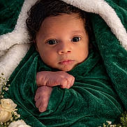 Harlen joined the competition — help win amazing prizes! baby, blanket, closeup, cozy, cute, expression, face, flowers, foliage, green_blanket, hands, infant, natural_light, newborn, peaceful, portrait, roses, soft_texture, white_fluffy_lining, wrapped