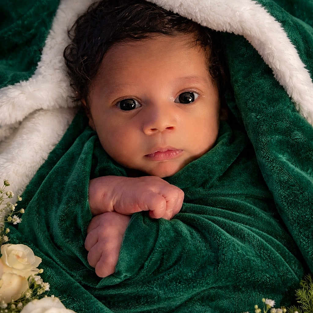 Harlen joined the competition — help win amazing prizes! baby, blanket, closeup, cozy, cute, expression, face, flowers, foliage, green_blanket, hands, infant, natural_light, newborn, peaceful, portrait, roses, soft_texture, white_fluffy_lining, wrapped