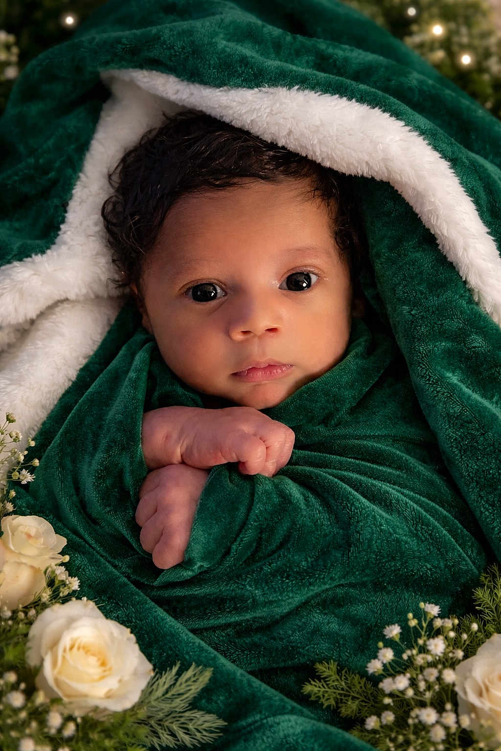 Harlen joined the competition — help win amazing prizes! baby, blanket, closeup, cozy, cute, expression, face, flowers, foliage, green_blanket, hands, infant, natural_light, newborn, peaceful, portrait, roses, soft_texture, white_fluffy_lining, wrapped
