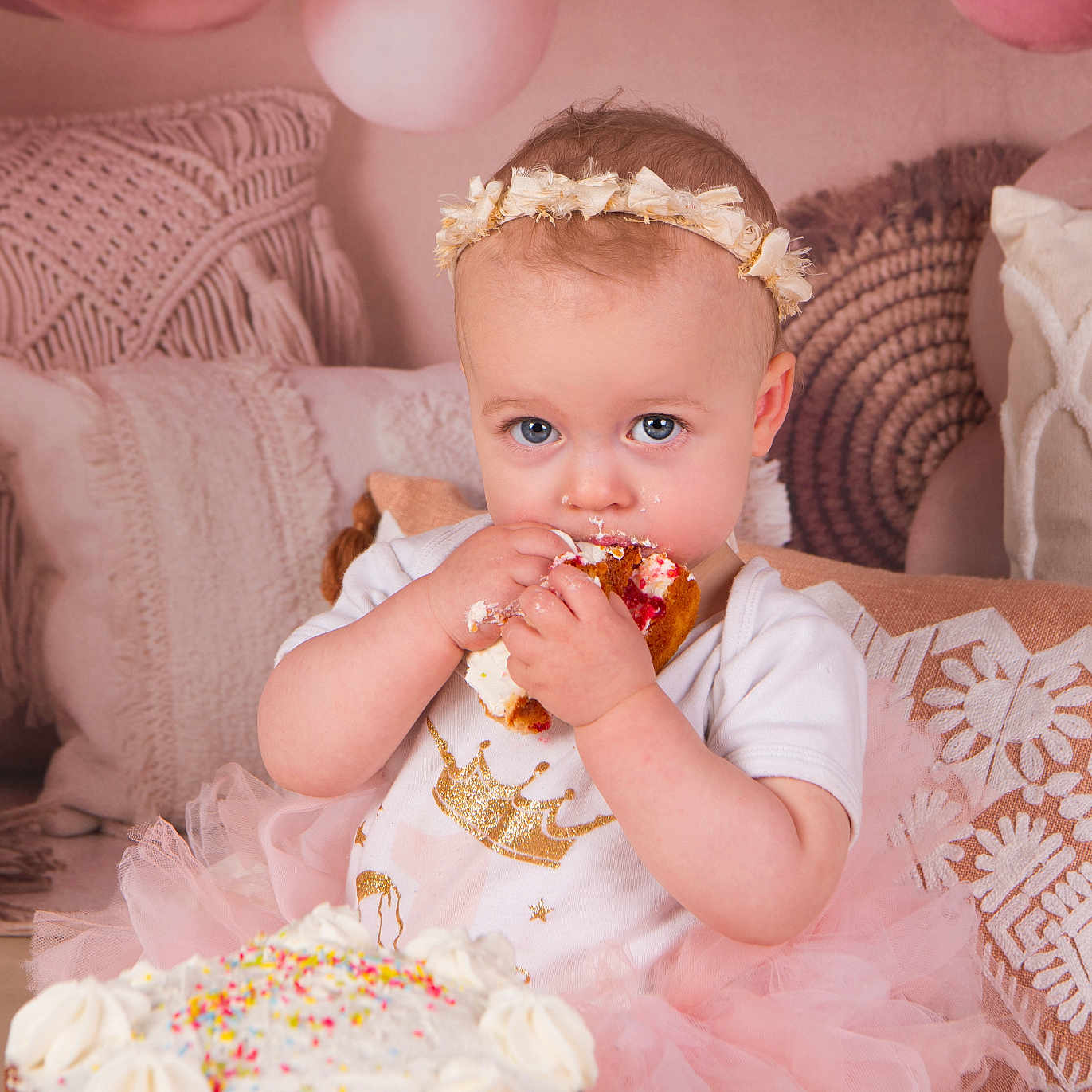 Aria-May joined the competition — help win amazing prizes! baby, balloon, birthdaycake, bodypart, bread, cake, couch, cream, dessert, eating, face, food, furniture, head, icing, people, person, photography, portrait, sweets