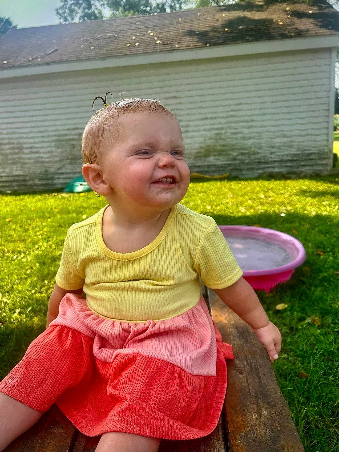Gabriella Trout is registered to the contest to win money with this photo: toddler, child, outdoor, grass, bench, yellow_shirt, coral_shorts, pink_pool, shed, smiling, happy, playful, sunlight, grass_lawn, wood, person, cute, expression, summer, daytime