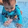 toddler, child, water, splashing, pool, blue_swimsuit, wet_hair, summer, outdoor, playing, happy, fun, sunlight, water_droplets, shallow_water, person, background_people, trees, daytime, vacation