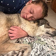 Maccu participe au concours pour gagner de l'argent avec cette photo : person, dog, hug, snuggle, sleeping, indoor, fluffy, closeup, affection, calm, cozy, bedroom, comfort, resting, face, hand, animal, pet, floor, blanket