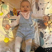Amelya a rejoint le concours — aidez-le/la à gagner de superbes lots ! baby, bright, child, colorful, cute, denim_overalls, happy, indoor, infant, lying_down, patterned_mat, person, pink_bib, playmat, playtime, smiling, soft_toys, toddler, toy_ball, white_tights