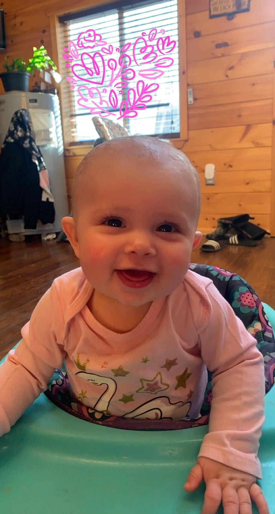 Josephine joined the competition — help win amazing prizes! baby, baby_toddler_clothing, cheek, child, chin, eye, facial_expression, fun, hairstyle, happy, head, iris, mouth, organ, person, pink, product, skin, smile, standing