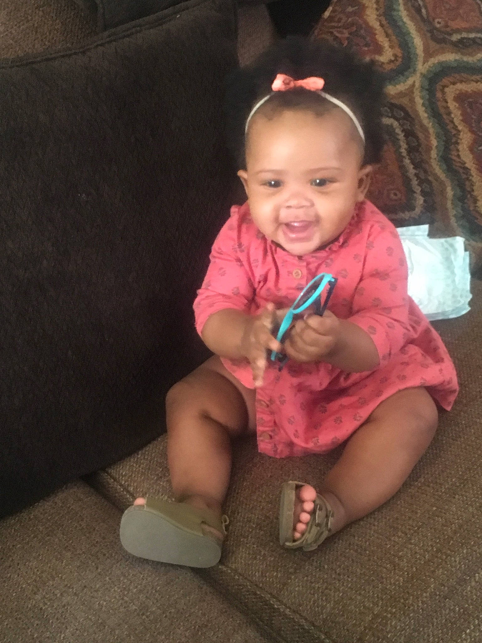 Layla joined the competition — help win amazing prizes! baby, cheek, child, fun, leg, person, pink, play, sitting, skin, smile, toddler, tooth