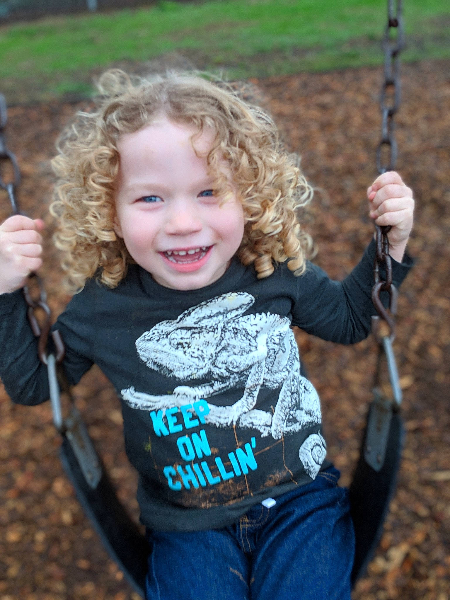 Rhydian is registered to the contest to win money with this photo: child, fun, grass, happy, jeans, joy, laugh, outdoor_play_equipment, person, play, playground, public_space, recreation, smile, swing, toddler, tree