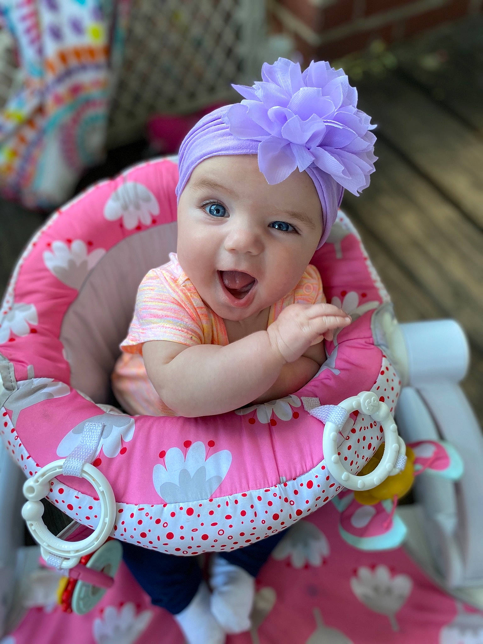 Madalynn is registered to the contest to win money with this photo: baby, baby_products, baby_toddler_clothing, child, fashion_accessory, flower, hair_accessory, headband, headgear, headpiece, headwear, person, pink, product, textile, toddler