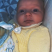 Nova-Mae is registered to the contest to win money with this photo: baby, infant, close_up, yellow_sweater, knitted_clothing, bow, embroidery, bear, bottle, bed, blanket, soft_lighting, portrait, child, cute, indoors, person, newborn, sleeping_area, calm