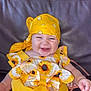 Maria participe au concours pour gagner de l'argent avec cette photo : baby, child, smiling, yellow_clothing, bandana, sunflower_pattern, happy, portrait, sitting, indoor, cute, infant, face, headwear, bright_colors, clothing, person, leather_background, cheerful, baby_girl