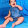 Rebecca is registered to the contest to win money with this photo: baby, child, blue_clothing, polka_dot, sitting, smiling, happy, finger_in_mouth, cute, indoor, portrait, infant, skin, head, face, eyes, person, fabric, background, legs