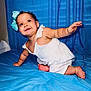 baby, child, girl, bow, white_dress, blue_bedspread, blue_curtains, crawling, smiling, happy, indoor, bed, foot, hand, face, portrait, infant, cute, person, skin