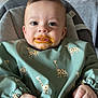 Nathan a rejoint le concours — aidez-le/la à gagner de superbes lots ! baby, child, face, food, bib, giraffe_pattern, hands, high_chair, indoor, cute, messy, infant, clothing, feeding, smiling, portrait, young_child, happy, skin, expression