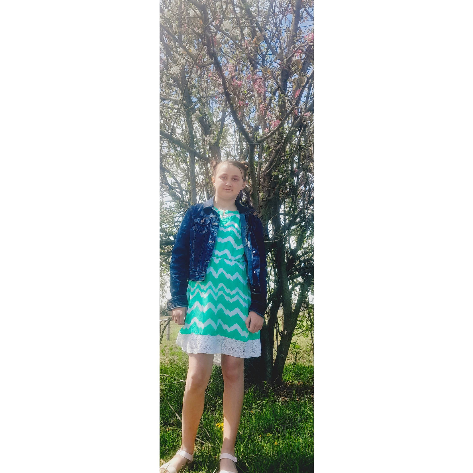 Trinidy is registered to the contest to win money with this photo: denim, electric_blue, fashion_accessory, formal_wear, fur, grass, knee, magenta, pattern, person, plant, portrait_photography, recreation, sleeve, t_shirt, thigh, top, tree, waist, walking