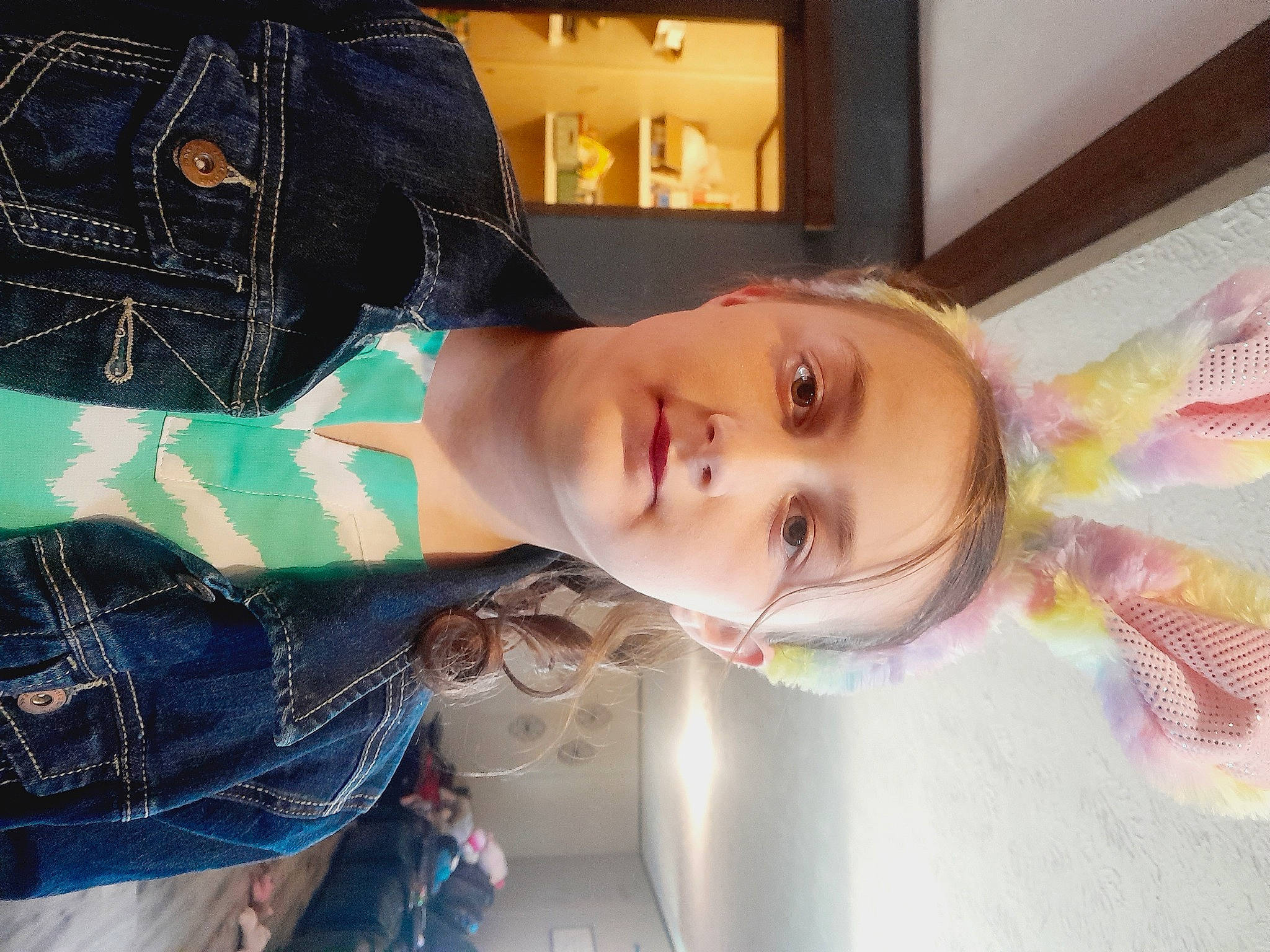 Trinidy is registered to the contest to win money with this photo: child, denim, electric_blue, eyelash, eyewear, fashion_accessory, fashion_design, hair_coloring, happy, pattern, person, plaid, sleeve, smile, tartan, toddler, waist, window