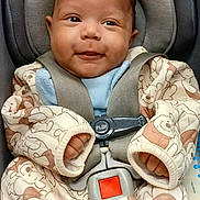 Kamarie joined the competition — help win amazing prizes! baby, infant, car_seat, child, smiling, onesie, teddy_bear_pattern, straps, safety_buckle, cute, happy, indoors, clothing, seat, person, young_child, baby_clothes, car, seatbelt, portrait