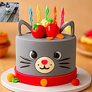 Picatsso joined the competition — help win amazing prizes! cake, candles, cat, colorful, dessert, feline, fondant, food, fruit, fun, grey, inset_photo, orange, pink, red, table, toy, whiskers, wood, yellow