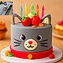 cake, candles, cat, colorful, dessert, feline, fondant, food, fruit, fun, grey, inset_photo, orange, pink, red, table, toy, whiskers, wood, yellow