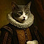 animal_portrait, aristocrat, brown, cat, classic, costume, dark_background, dignified, feline, fur, gold_buttons, historical_clothing, indoor, luxury, noble, old_fashioned, portrait, rich_texture, ruffled_collar, serious
