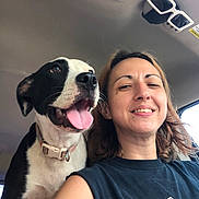 Lola joined the competition — help win amazing prizes! black_and_white_dog, canine, car_interior, casual_clothing, closeup, collar, dog, friendship, happy, human, inside_car, joyful, panting, pet, portrait, seatbelt, short_hair, smiling, sunglasses, woman