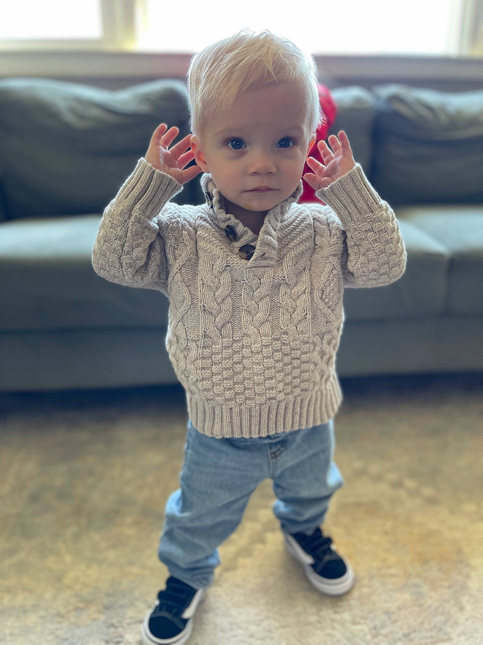 Tyler joined the competition — help win amazing prizes! baby, baby_toddler_clothing, cheek, child, clothing, comfort, couch, denim, electric_blue, eye, floor, flooring, happy, joint, outerwear, pattern, person, sitting, sleeve, standing