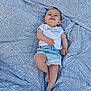 Emya participe au concours pour gagner de l'argent avec cette photo : baby, blanket, casual_clothing, child, cute, denim_shorts, grass, happy, infant, lying_down, outdoor, patterned, person, playful, portrait, relaxed, smiling, summer, white_shirt, young_child