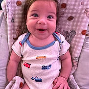 Michael is registered to the contest to win money with this photo: baby, smiling, infant, onesie, blanket, pattern, cute, happy, child, sitting, indoors, skin, face, hand, expression, clothing, comfort, young, person, portrait
