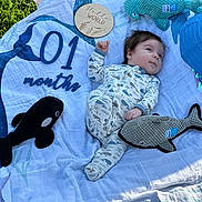 Michael joined the competition — help win amazing prizes! baby, infant, blanket, grass, plush_toys, sea_creatures, wooden_sign, hello_world, outdoor, one_month, clothing, lying_down, cute, child, nature, soft_toys, blue, white, green, portrait