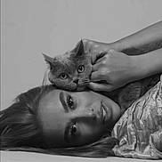 Ahmed Azzi participe au concours pour gagner de l'argent avec cette photo : animal, black_and_white, calm, cat, close_up, expression, face, fur, hair, hands, indoor, intimate, looking_at_camera, lying_down, monochrome, pet, portrait, soft_lighting, texture, woman