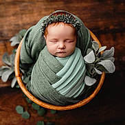 Debbierose is registered to the contest to win money with this photo: baby, newborn, sleeping, wrapped, blanket, green, wooden_bowl, flower_crown, headband, plant, foliage, soft_texture, cozy, portrait, peaceful, infant, cute, closeup, indoors, resting